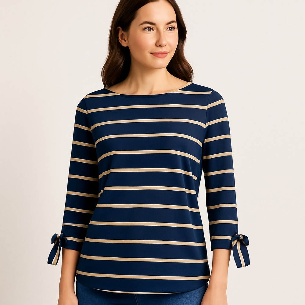 Banana Republic Blue and Tan Striped Apparel XS Blouse‎ sleeve ties festive look
